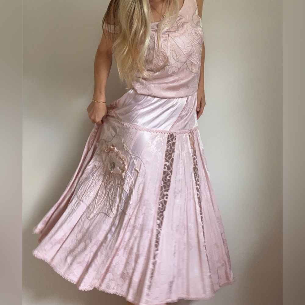 Women’s Pink Maxi Skirt, Top and Jacket Matching Set - Lace Panel Design